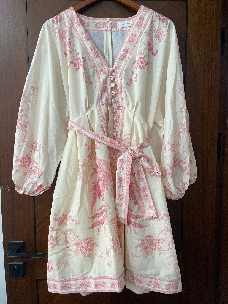 Zimmermann Printed Linen V-Neck Tie Dress